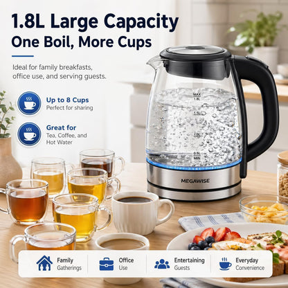MEGAWISE 1.8L Healthy Electric Kettle, 1800W Borosilicate Glass Tea Kettle with Food Grade Material, Auto Shut-Off and Boil-Dry Protection Cordless Kettle Fast Boiling, BPA Free