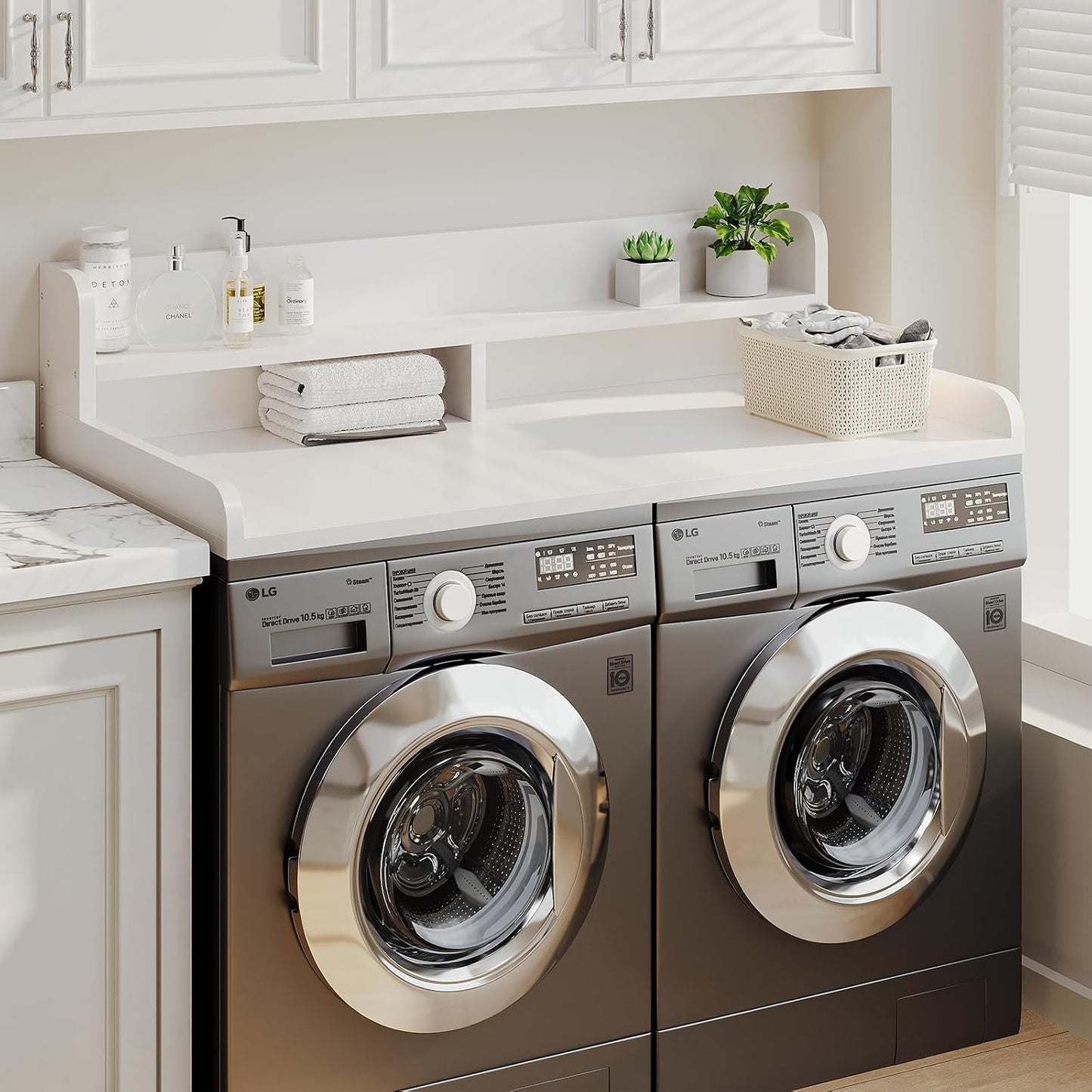 2-Tier Washer Dryer Countertop with 2.75" H Edge Rails, 54" W x 27.55" D Laundry Countertop for Folding Clothes, Washer and Dryer Topper with Non-Slip Pad (Dark Walnut)