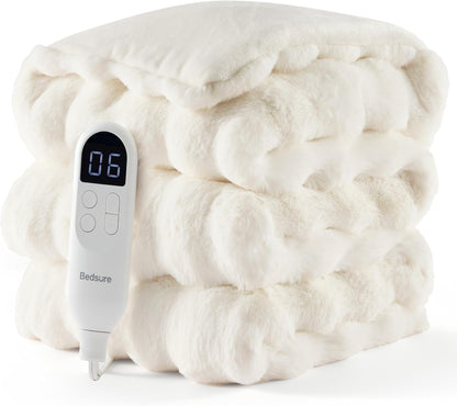Bedsure Heated Blanket Electric Throw - Thick Striped Fast Heating Electric Blanket with Preheat Function, 6 Heat & 6 Timer (Up to 10H), 8H Auto Off, ETL Certified, Gifts for Women (50"x60", White)