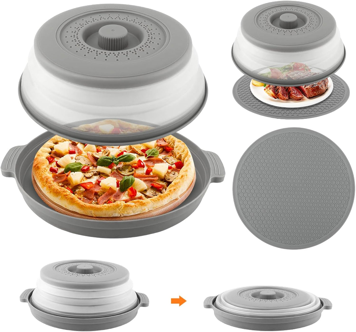 Microwave Splatter Cover 2 in 1 Collapsible Microwave Food Cover with Tray & Handles,Microwave Plate Covers With Steam Vent Fits Bowls,Plates & Pots,Food,Meal Prep(26 * 26 * 7cm,COLOR:Black)