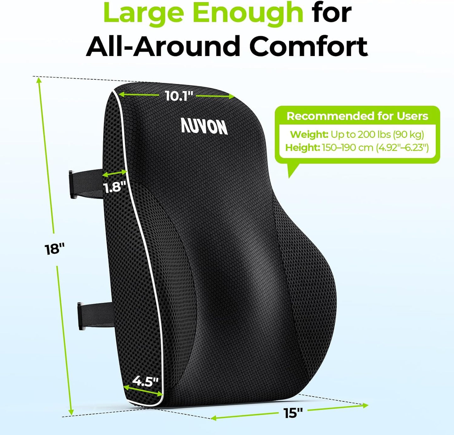 AUVON Office Lumbar Support Pillow with Patented Bulge for Back Support | Ergonomic Office Home Essentials Improve Posture, Memory Foam Chair Cushion for Home, Office, Car, Mesh Cover, Double Straps