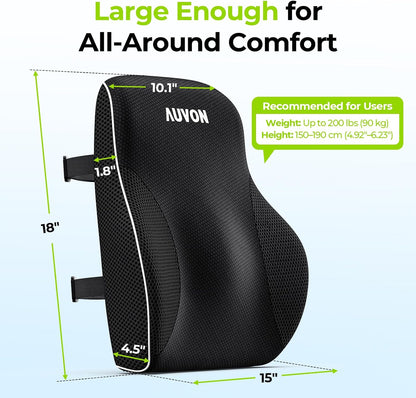 AUVON Office Lumbar Support Pillow with Patented Bulge for Back Support | Ergonomic Office Home Essentials Improve Posture, Memory Foam Chair Cushion for Home, Office, Car, Mesh Cover, Double Straps