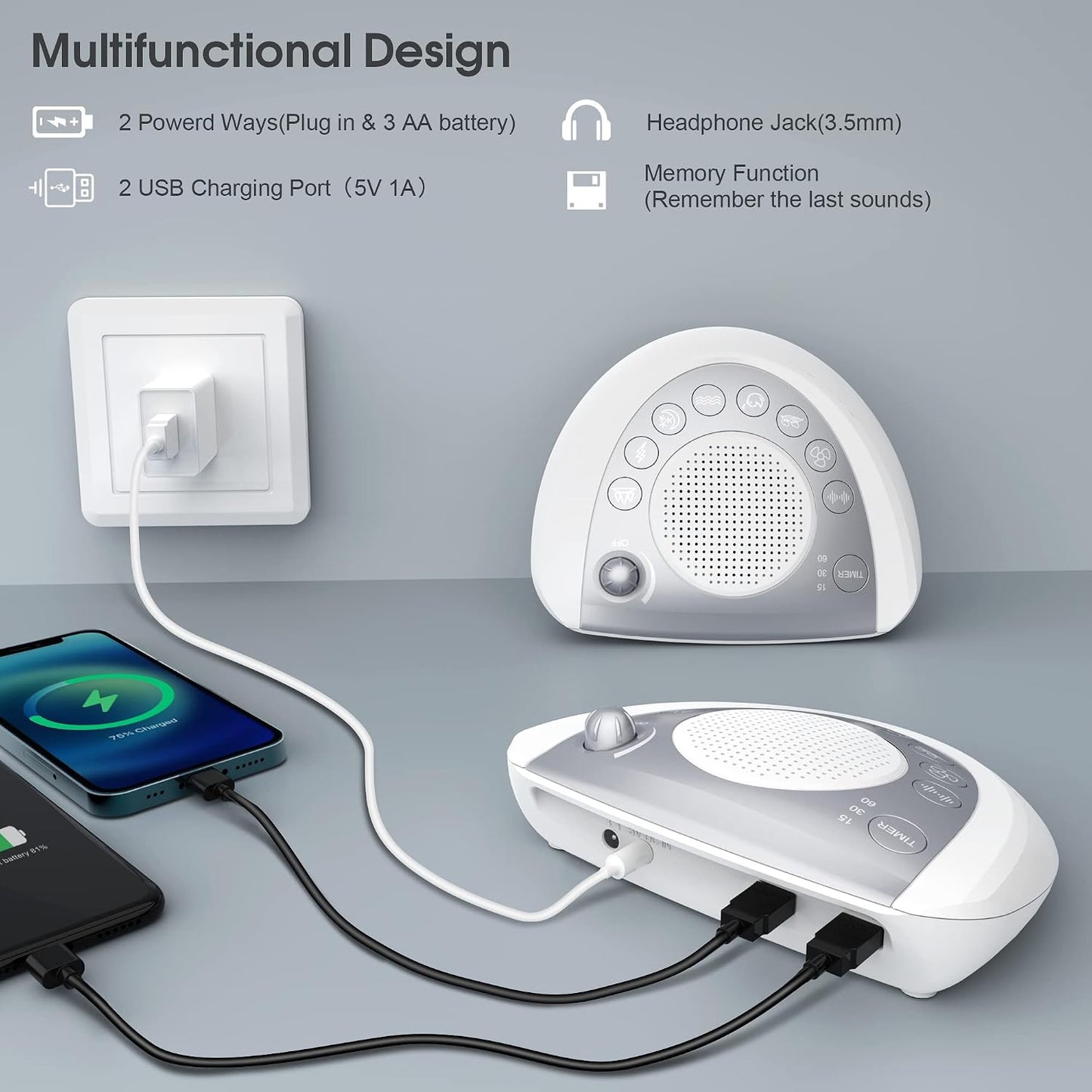 Mesqool Portable White Noise Machine with 24 Soothing Sounds for Sleep | Timer and memory function, headphone jack, USB charging, and AC or battery power for babies, kids, adults and travel