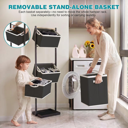 BAOKALER 4-Tier Laundry Hamper Sorter, Vertical Laundry Baskets with Wheel | Rolling Stackable Laundry Cart Removable, Organizer and Storage for Small Space, Dorm, Closet, Bathroom