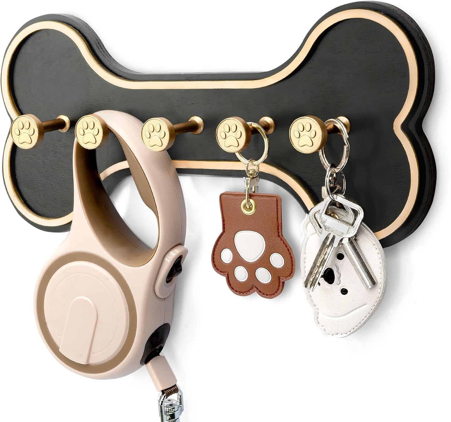 MTERSN Dog Leash Holder Wall Mount with 3D Paws Hooks, Distressed White | Bone-Shaped Dog Leash Holder for Wall, Leash Holder, 5 Dog Leash Hook, Pet Accessories Storage, Gift for Dog Lovers