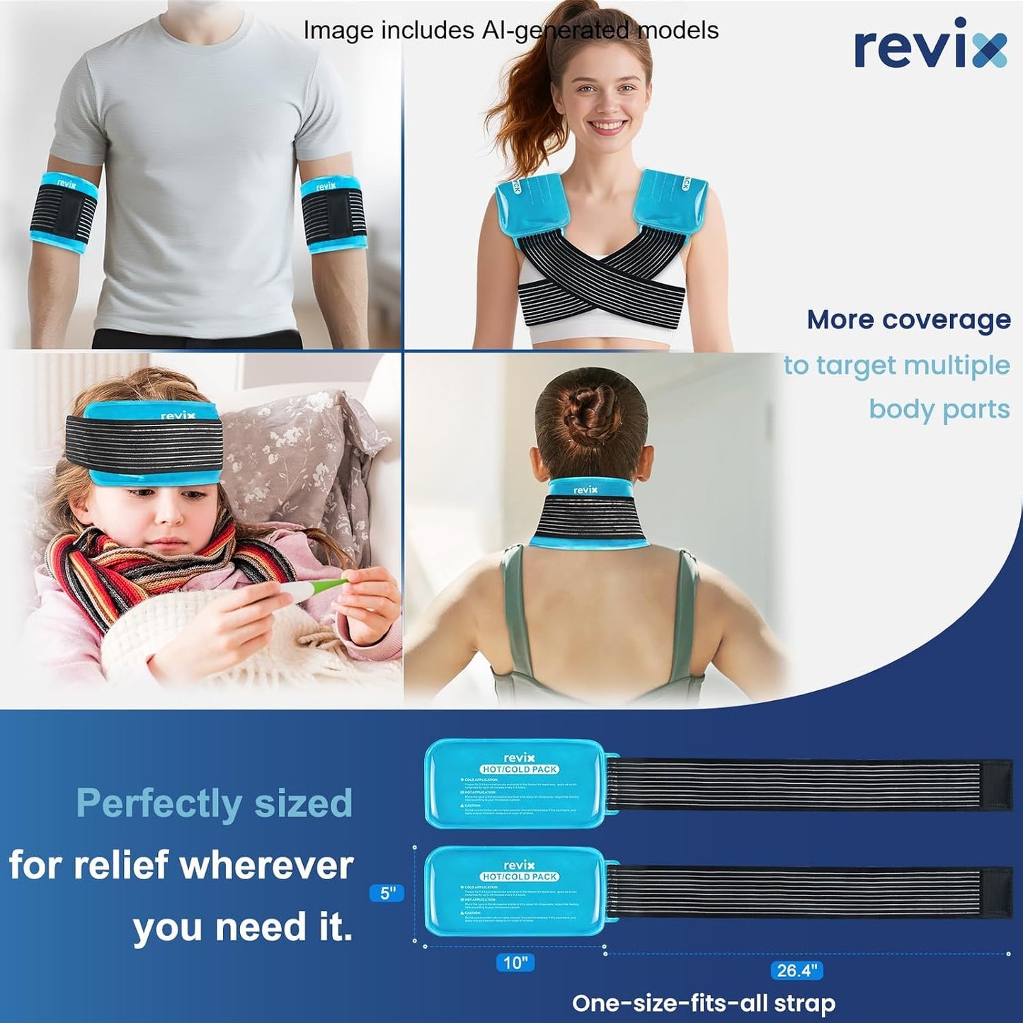 REVIX Ice Packs for Injuries Reusable, 2 Packs Hot & Cold Gel Ice Packs with PVC Cooling Design & Adjustable Strap, Flexible Therapy on Joints, Muscles, Shoulder, Back and Knee (10" x 5" Blue)