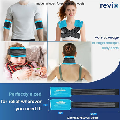 REVIX Ice Packs for Injuries Reusable, 2 Packs Hot & Cold Gel Ice Packs with PVC Cooling Design & Adjustable Strap, Flexible Therapy on Joints, Muscles, Shoulder, Back and Knee (10" x 5" Blue)