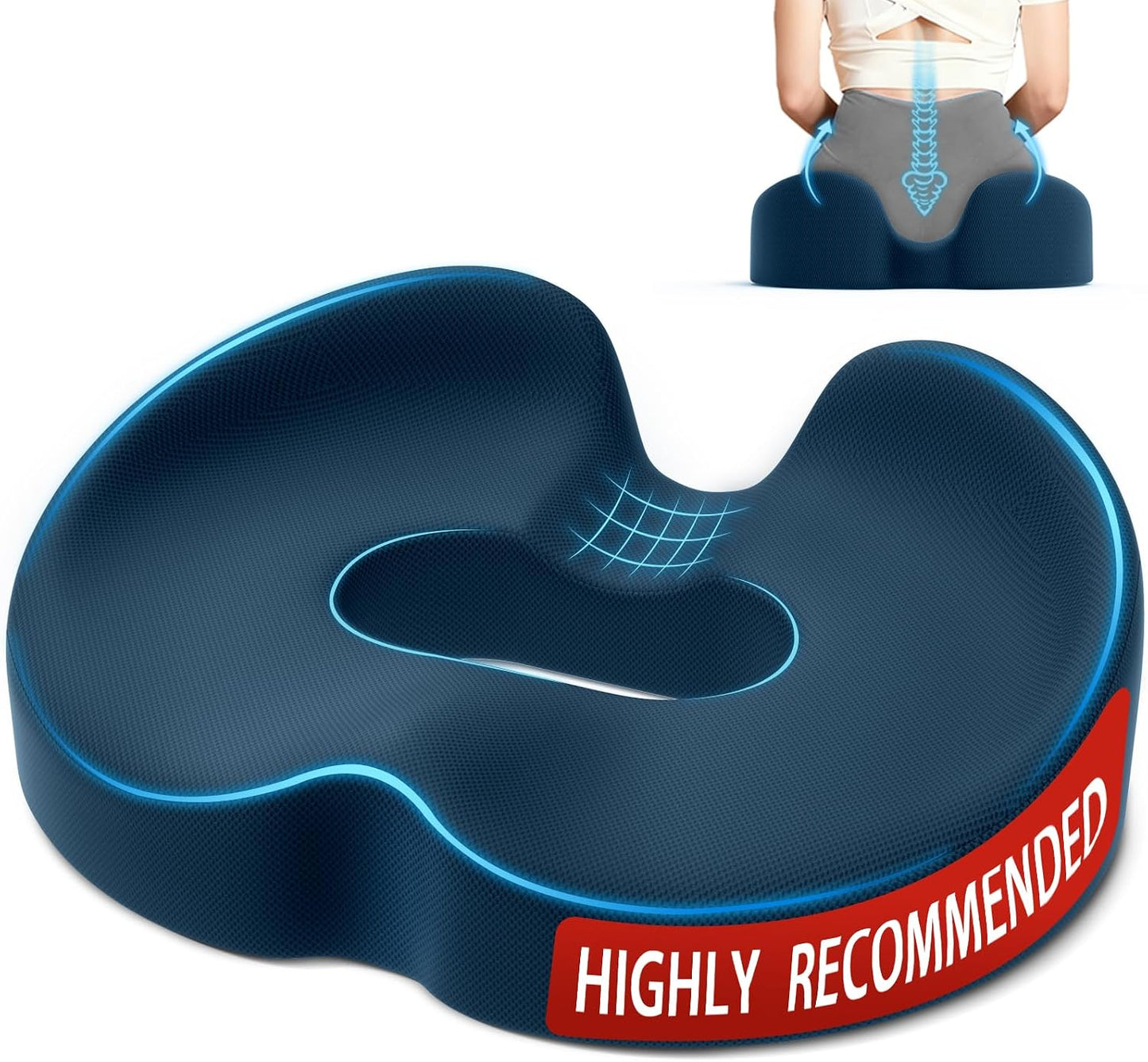 TushGuard Memory Foam Donut Pillow Seat Cushion with Raised Rear, Black | 7.5-Inch U-Shaped Opening Helps Reduce Tailbone Pressure; Washable Mesh Cover And Non-Slip Base Fit Office And Car Seats