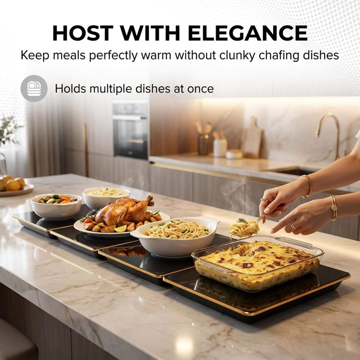 Alpha Living GW-P4 Food Warming Mat – Tempered Glass Top Warming Tray Food Warmers for Parties Buffet – 3 Heat Settings – Child Lock and Timer Functions – Anti-Slip Feet