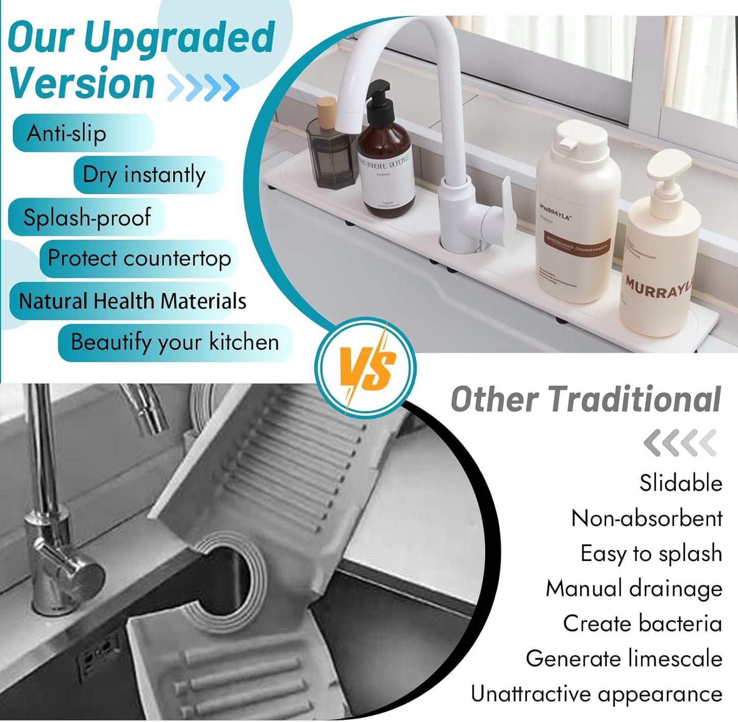 Faucet Mat for Kitchen Sink with Raised Feet, Stone Sink Mat Quick Dry around Faucet, Water Absorbent Stone Tray, Sink Splash Guard & Protectors, Stone Drying Mat for kitchen Counter