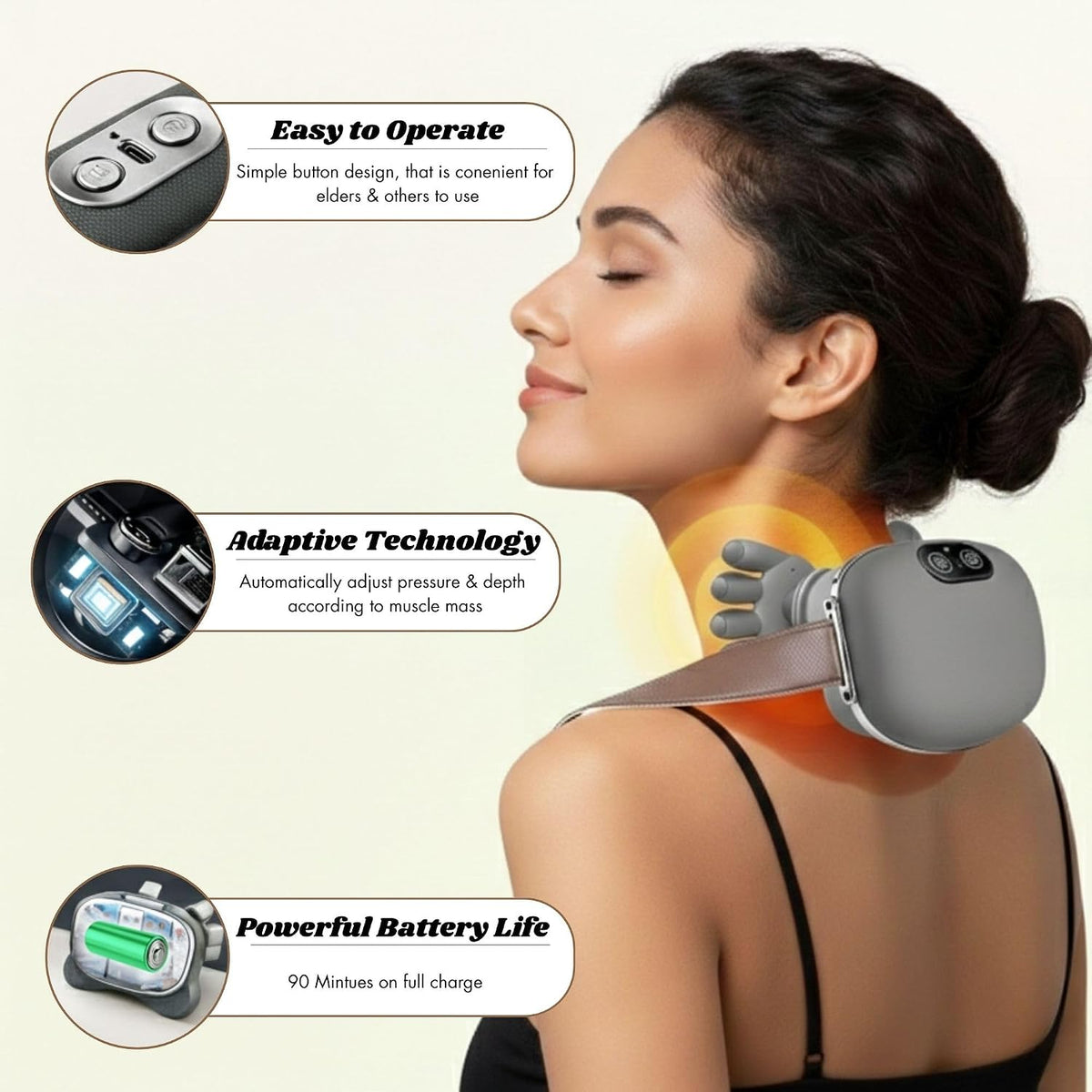 LIVINGPRO Neck & Shoulder Massager with Heat, Deep Tissue Shiatsu with Bionic Palm 4D Kneading, Simulated Human Hand Massage, 3 Adjustable Intensities, Portable Pain Relief for Home & Office