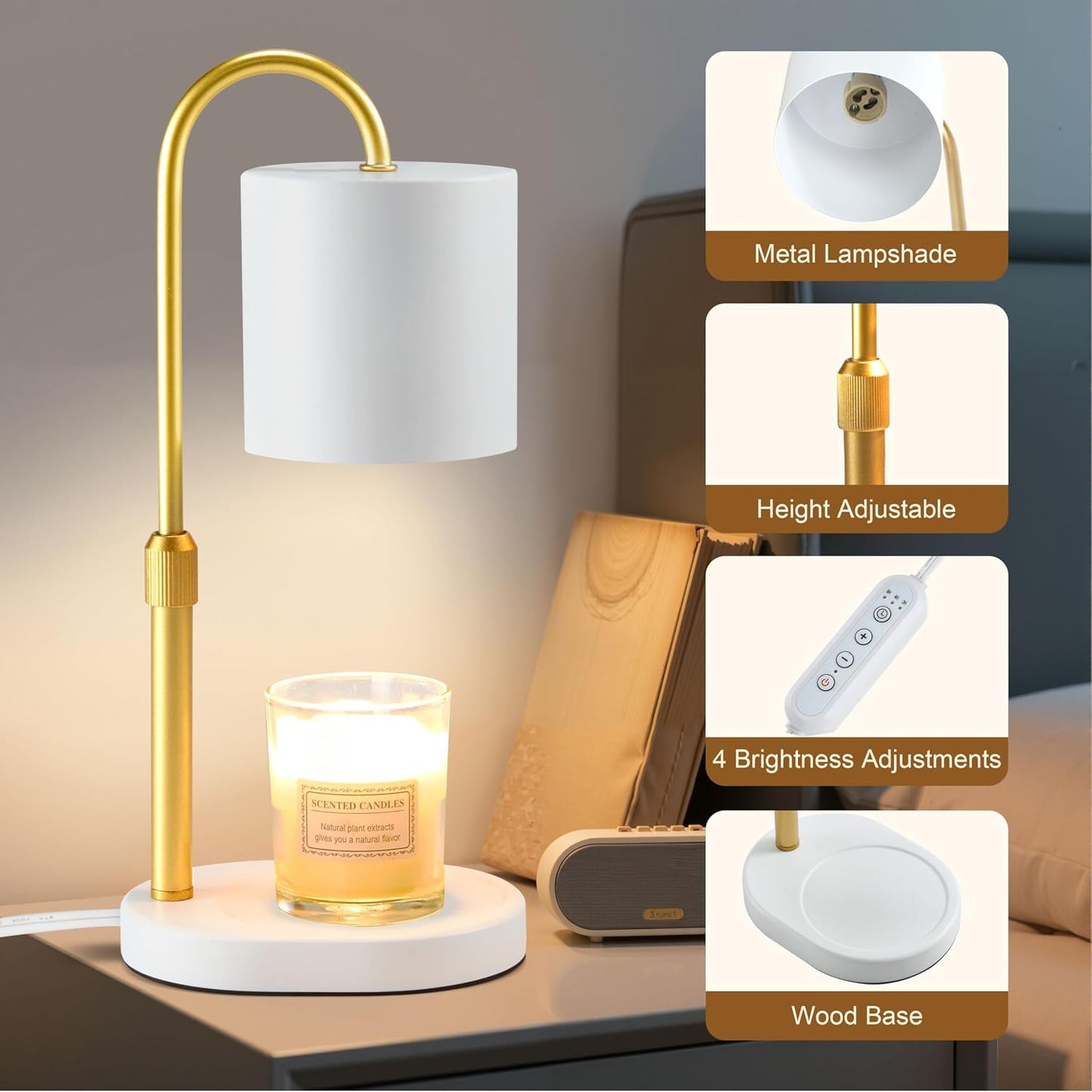 Dreamholder Electric Candle Warmer Lamp with Timer & Dimmer, Adjustable Height Wax Melt Warmer for Jar Candles, Wood Base Candle Melter, Floral Home Decor Gifts for Women, Mom, Natural Wood
