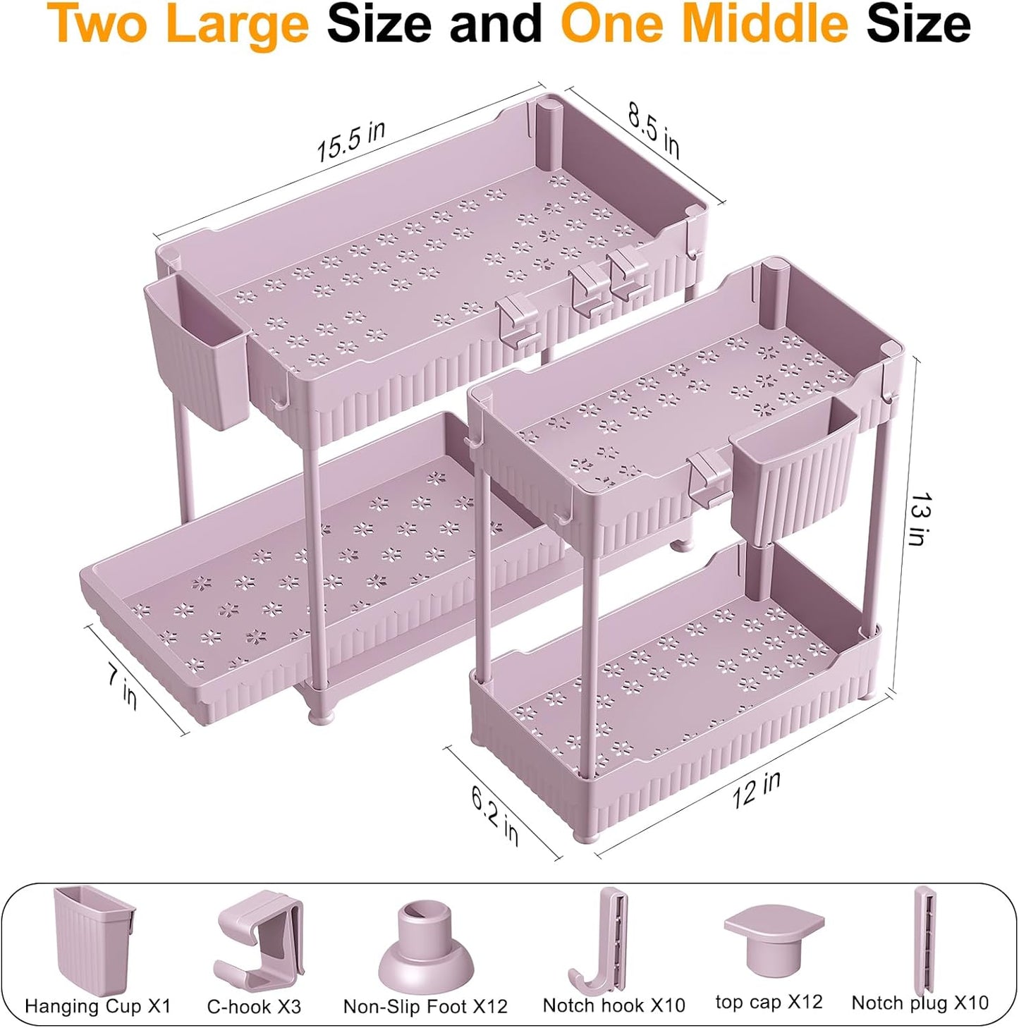 3-Pack 2-Tier Under Sink Organizers with Sliding Drawers | Multi-use kitchen & bathroom storage, 12.8 inch black cabinet organizer, space-saving sliding drawer design.