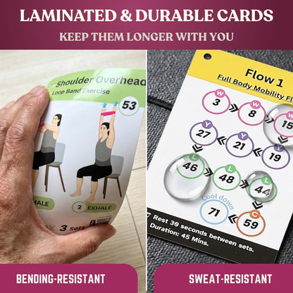 [All-in-One Kit] Chair Yoga for Seniors Over 60 | Cards + Bands + QR Videos | 71 Large Print Durable Cards • 6 Guided Flows • Build Mobility, Balance, Strength & Cardio • Gift for Parents & Grandparents