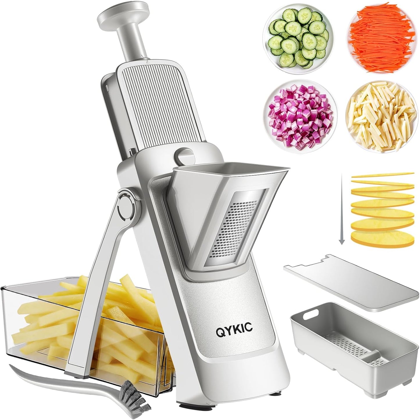 QYKIC Safe Mandoline Slicer Pro for Kitchen, Adjustable Chopper 6 in 1 | Potato Slicer Onion Chopper Fry Cutter Julienne Dicer Large Chute Stainless Steel Blades Detachable Dishwasher Safe Gifts