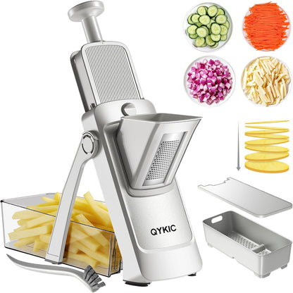 QYKIC Safe Mandoline Slicer Pro for Kitchen, Adjustable Chopper 6 in 1 | Potato Slicer Onion Chopper Fry Cutter Julienne Dicer Large Chute Stainless Steel Blades Detachable Dishwasher Safe Gifts