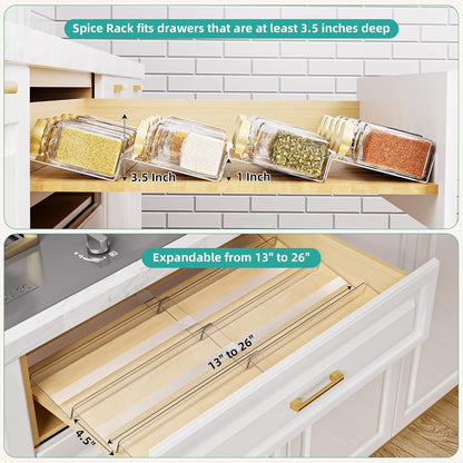 MIUKAA Acrylic Spice Drawer Organizer, 4 Tier - 8 Pack Seasoning Organizer for Drawer, Expandable From 13" to 26" Kitchen Drawer Spice Rack with Slip-Proof Mat (Jars not Included)