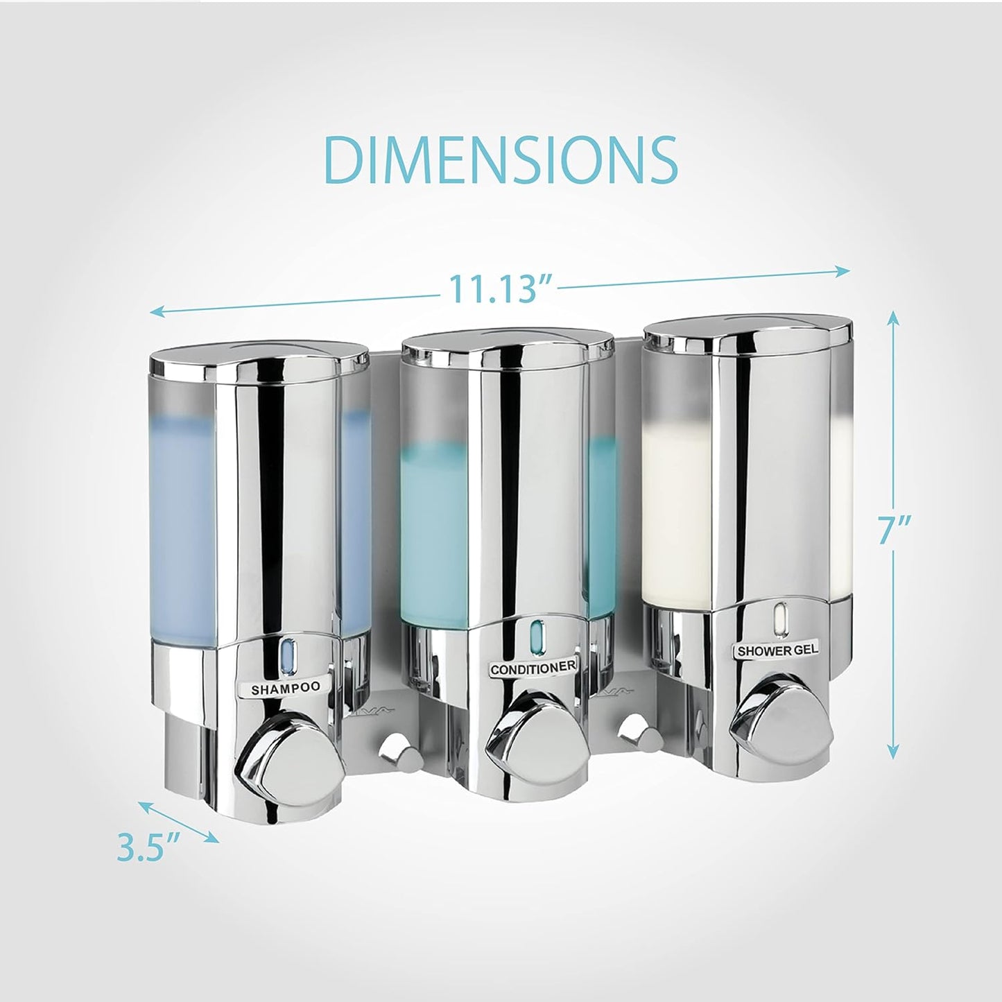 Better Living Aviva Wall Mount Shower Dispenser, 3 x 11 oz, Satin Silver | 3 Chamber, Shower Dispenser for Bathroom, Built-in Hooks, No Drill, Waterproof Dispenser Pump