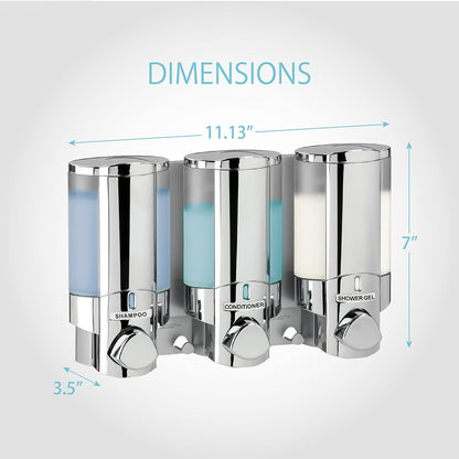 Better Living Aviva Wall Mount Shower Dispenser, 3 x 11 oz, Satin Silver | 3 Chamber, Shower Dispenser for Bathroom, Built-in Hooks, No Drill, Waterproof Dispenser Pump