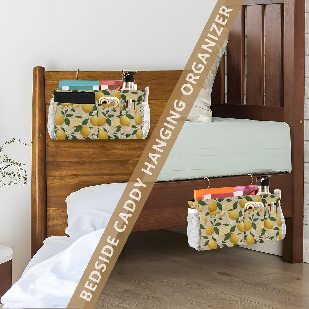 Bedside Caddy Hanging Bunk Bed Caddy Bed Organizer Hanging Pocket with 2 Hooks Bedside Storage Organizer Pocket Bag Holder Checkered Light Green - Colors B