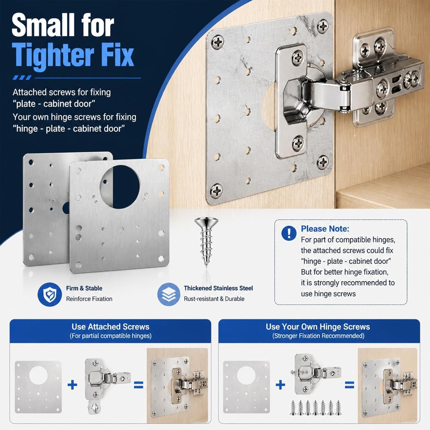 40 Cabinet Hinge Repair Plate Kit, Door Hinge Mounting Plate&Screws | Durable Stainless Steel Large Cabinet Fix Board for Kitchen Cabinet, Cupboard Doors and Furniture