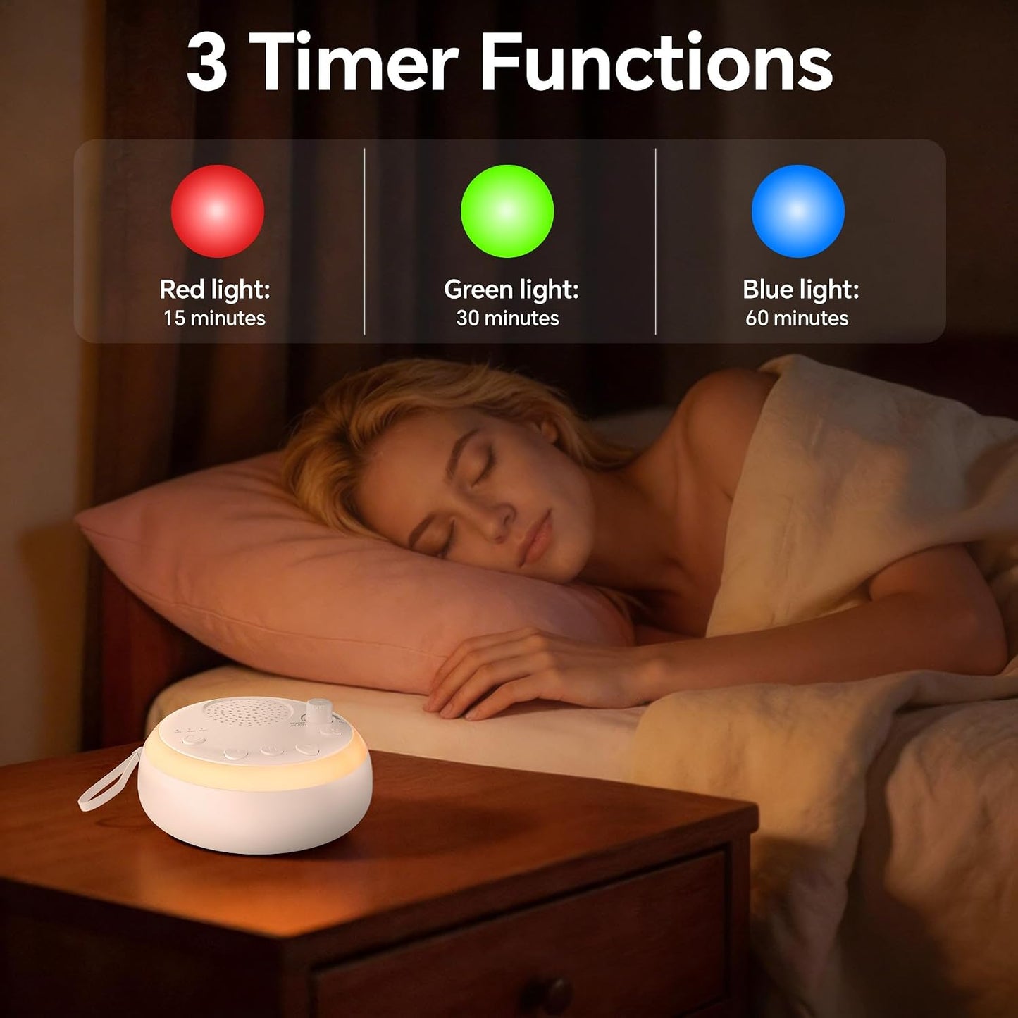 Portable White Noise Machine with 16 Soothing Sounds & 3 Color Night Light - Memory Function, 3 Timers, Adjustable Brightness for Adult, Home, Office, Travel