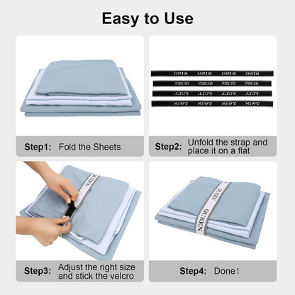 Bed Sheet Organizer Bands with Hook and Loop Adjustable Sheet Organizers and Storage Label Bands for Linen Closet-Elastic Bedding Sheet Keeper Straps for Bedsheet Sets (Queen 4PCs)