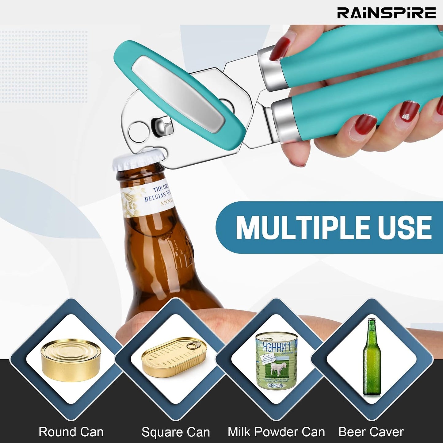 Rainspire Can Opener Manual Handheld Strong Manual Can Opener Smooth Edge Cut, Can Opener Heavy Duty, Comfortable Soft Handle, Built-in Bottle Opener, Turquoise