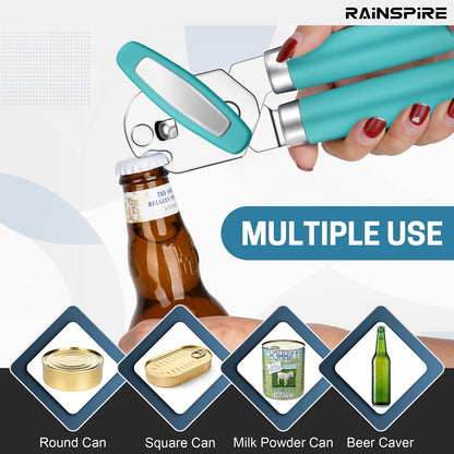 Rainspire Can Opener Manual Handheld Strong Manual Can Opener Smooth Edge Cut, Can Opener Heavy Duty, Comfortable Soft Handle, Built-in Bottle Opener, Turquoise