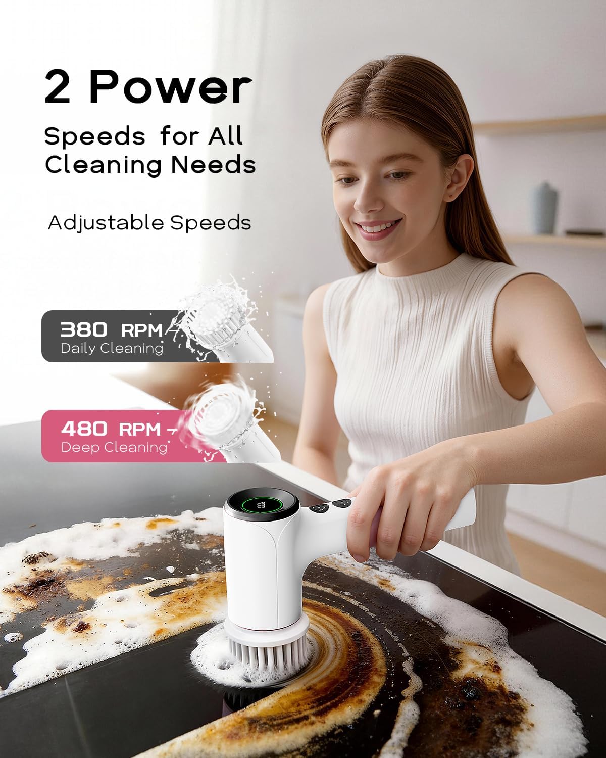 PUFTEM Shower Scrubber, Electric Spin Scrubber for Bathroom Cleaning – Cordless Shower Cleaner Brush with 6 Brush Heads, Dual-Direction Rotation, for Grout, Tile, Tub, Sink & Corners, White