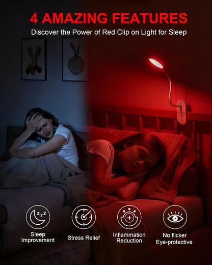 SZOKLED Red Light Reading Lights for Books in Bed, Clip on Lamp | Timer, Dimmable, Rechargeable, Eye Care Night Light, For Bedroom, Desk, Laptop, Headboard