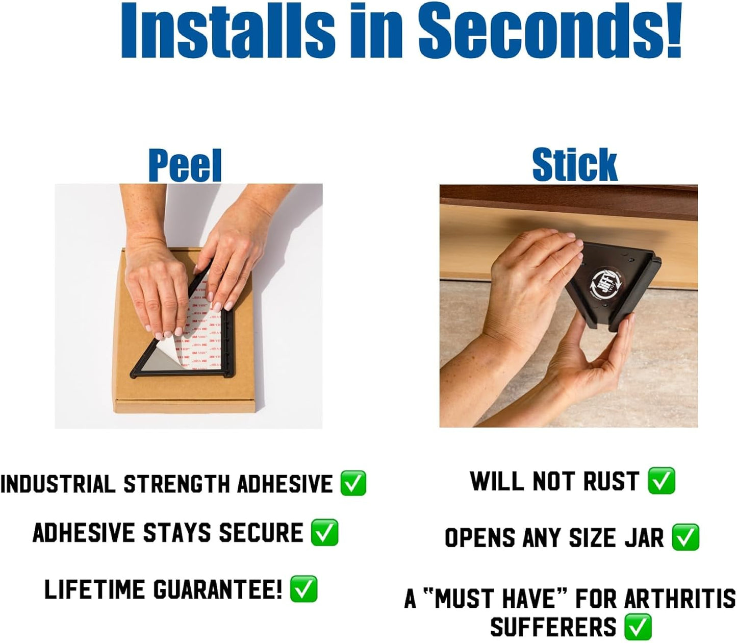Jar Opener - Effortless Opener for Any Size Bottle or Jar | Mounts Under Cabinet with Industrial Adhesive - Zero Slip Blade Protector - Must Have for Seniors & Arthritis Made In USA