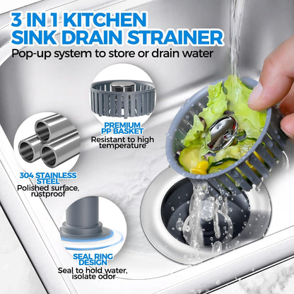 3 in 1 Kitchen Sink Drain Strainer Stopper Removable Basket Pop-Up | Kitchen Sink Food Strainer 1 Pack Silver Stainless - Food Catcher, Odor-Block Seal, Fits 3.5" Drain, Easy Clean