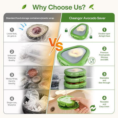 CLEANGOR Avocado Saver and Onion Saver, 4Pcs Fruit and Vegetable Savers | Silicone Food Saver with Snap-On Lid, Ideal for Avocados, Onions, Lemons, Orange and Tomatoes, Reusable, Dishwasher Safe