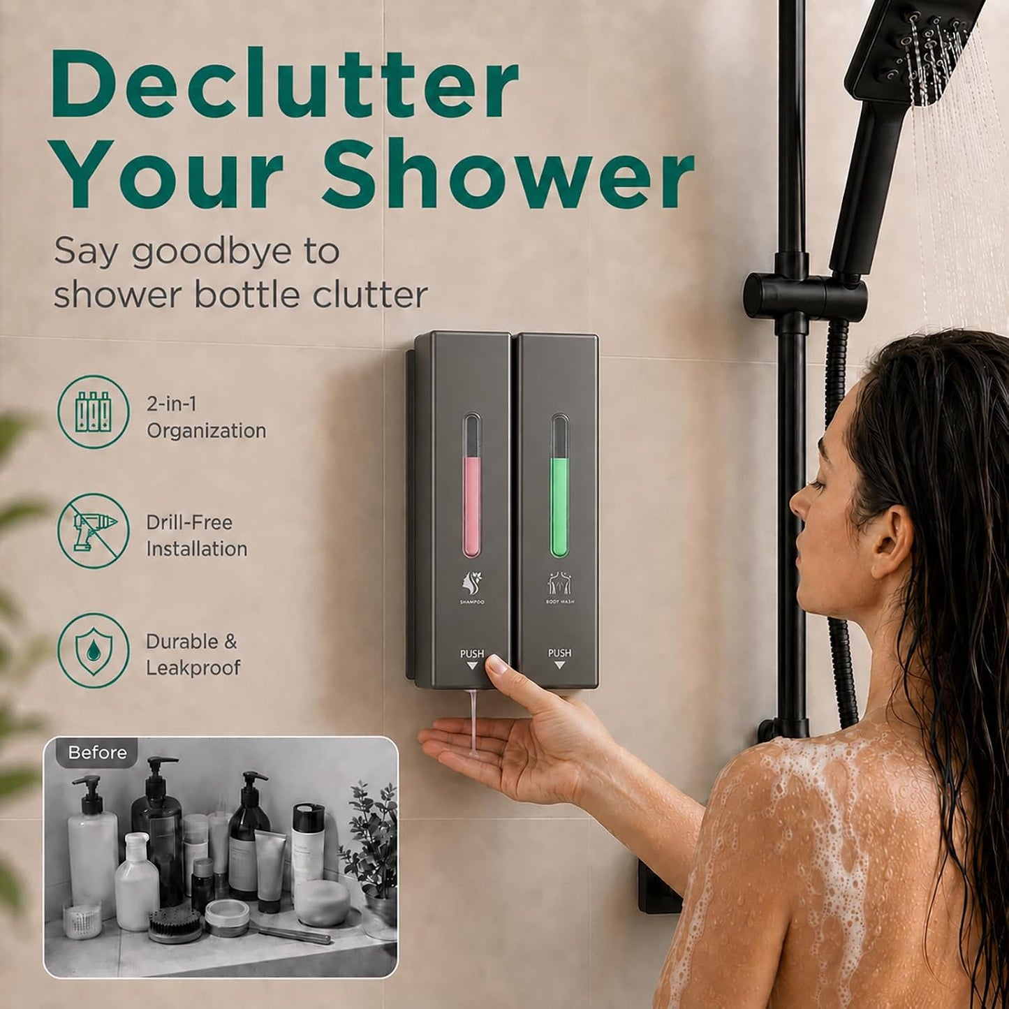 Shampoo and Conditioner Dispenser Wall Mounted, 3-Chamber Shower Soap Dispenser for Bathroom, 1200ML Large Capacity, No-Drill Installation, Clog-Free Pump for Thick Liquids (black-3-pack)