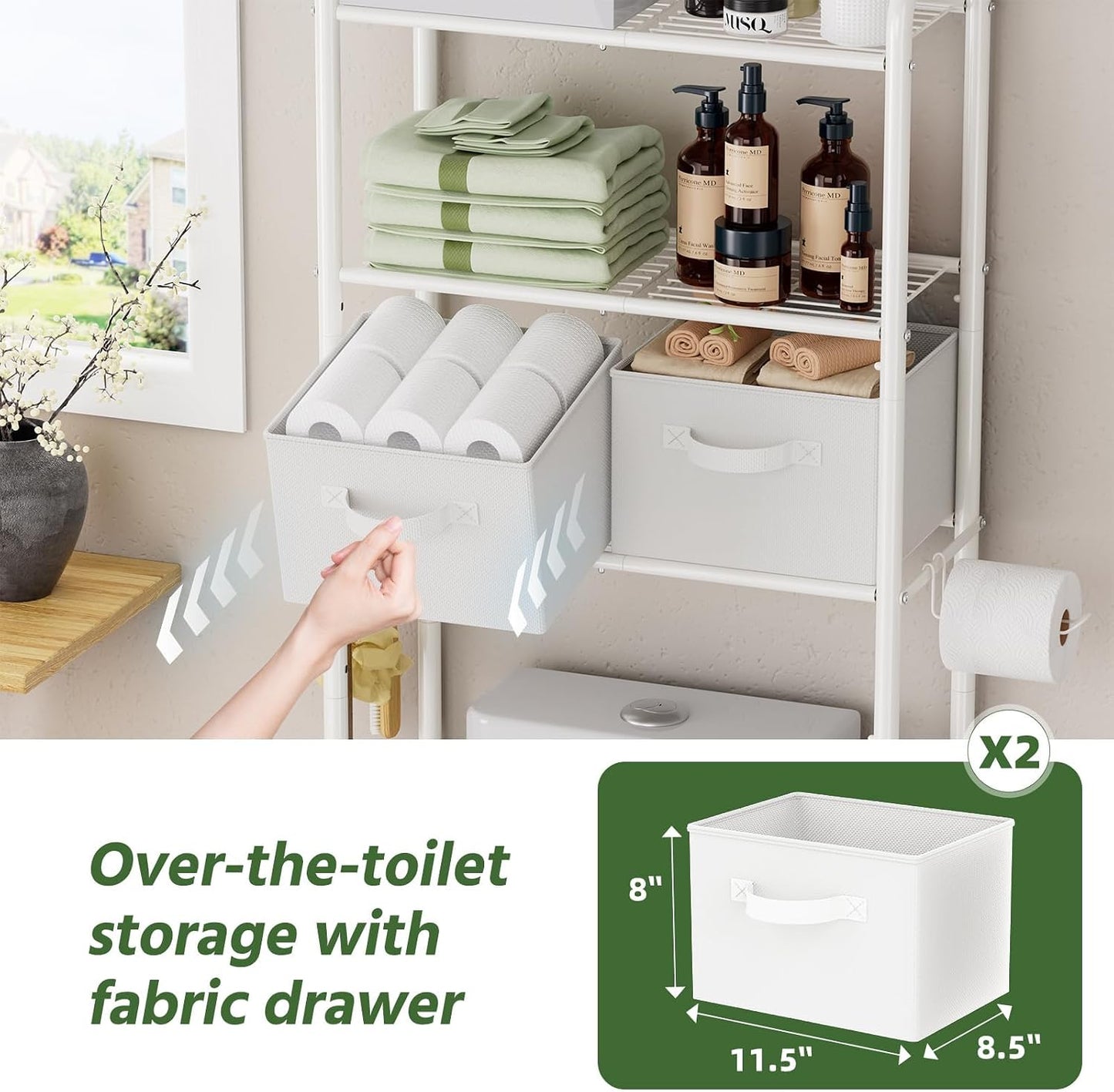 Simple Trending Over The Toilet Storage Cabinet, Metal Bathroom Shelf Organizer with Paper Holder and Hooks, 3 Tier, Black