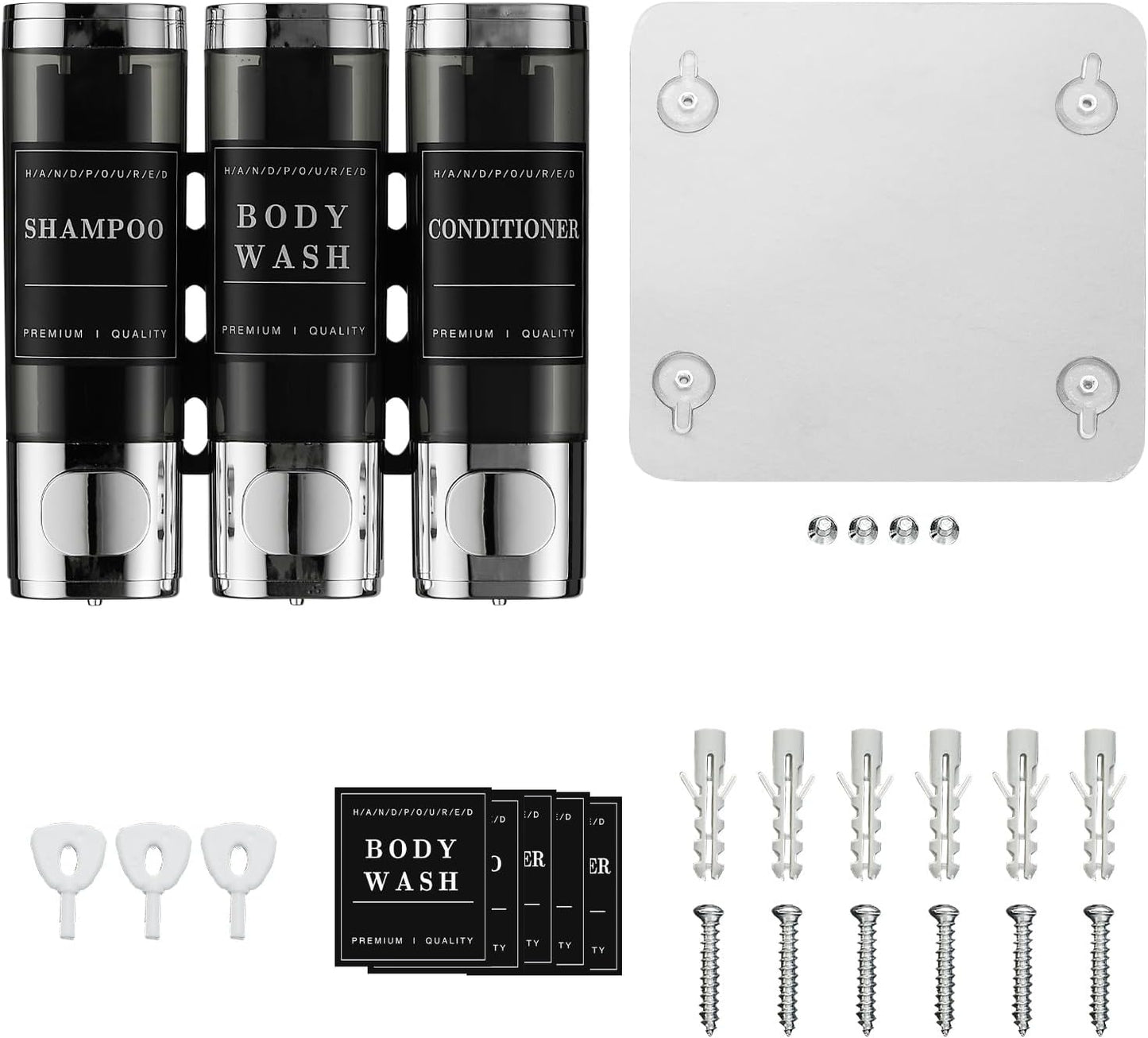 Shampoo and Conditioner Dispenser,Shower Soap Dispenser 3 Chamber No Drill Wall-Mounted Shampoo Dispenser for Shower Wall Mounted Shower Dispenser for Bathroom Hotel Large Capacity,Black