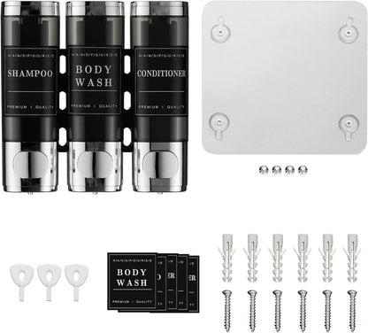 Shampoo and Conditioner Dispenser,Shower Soap Dispenser 3 Chamber No Drill Wall-Mounted Shampoo Dispenser for Shower Wall Mounted Shower Dispenser for Bathroom Hotel Large Capacity,Black