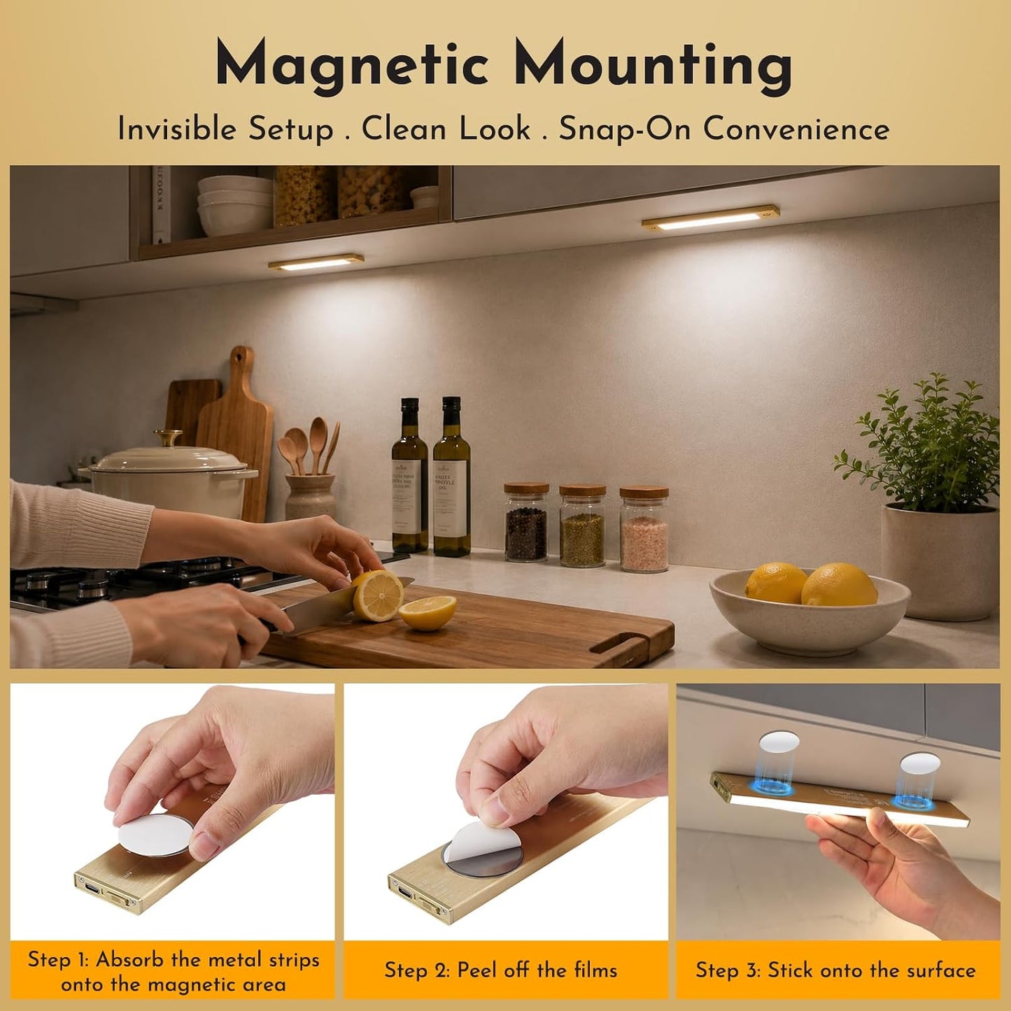 V4light Motion Sensor Cabinet Light, Rechargeable, Dimmable, 2Pcs, 9in | Gold aluminum, magnetic wireless, 1800mAh, 3 color temps & dimmable, ideal for kitchen cabinets, shelves & closets