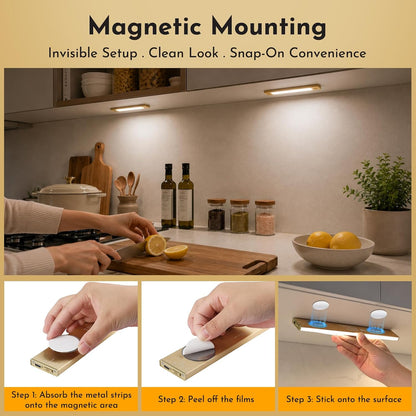 V4light Motion Sensor Cabinet Light, Rechargeable, Dimmable, 2Pcs, 9in | Gold aluminum, magnetic wireless, 1800mAh, 3 color temps & dimmable, ideal for kitchen cabinets, shelves & closets