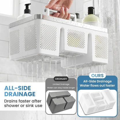 BYUNER Portable Cleaning & Shower Caddy with Handle: Rigid Plastic Basket with 4 Divided Compartments, All-Side Drainage for College Dorm, Bathroom & Utility Use, Black/Gold