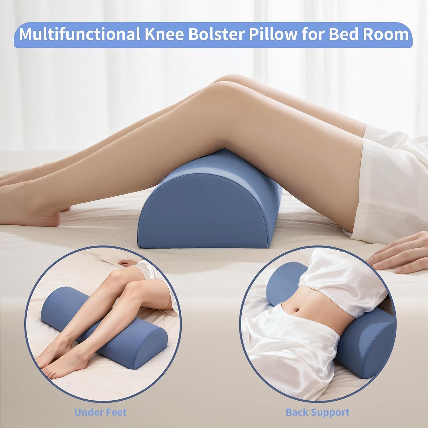 Knee Pillow for Back Sleeping - Half Moon Bolster Pillow for Legs - Cooling Under Knee Pillow for Sleeping on Back, Leg Support, Foot Elevation (Misty Blue)