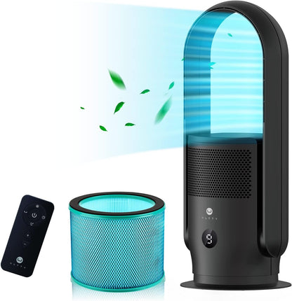 ULTTY Bladeless Tower Fan and Air Purifier Combo, Quiet Oscillating Fan with Remote & Touch Control, 9 Speeds, 8H Timer, HEPA Air Filter, Safe Floor Fan for Bedroom Home Office Black, 23.5"inch