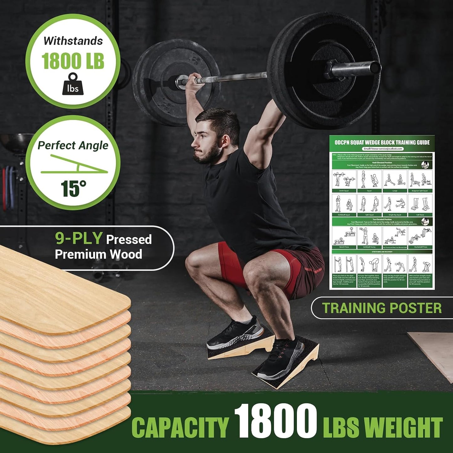 Squat Wedge Block, 1800 LBS Capacity, Wooden Squat Wedge for Heel Elevation | Storage Bag & Training Poster, 2-Pack Non-Slip Slant Board for Gym Squats to Improve Ankle Mobility, Balance & Weightlifting