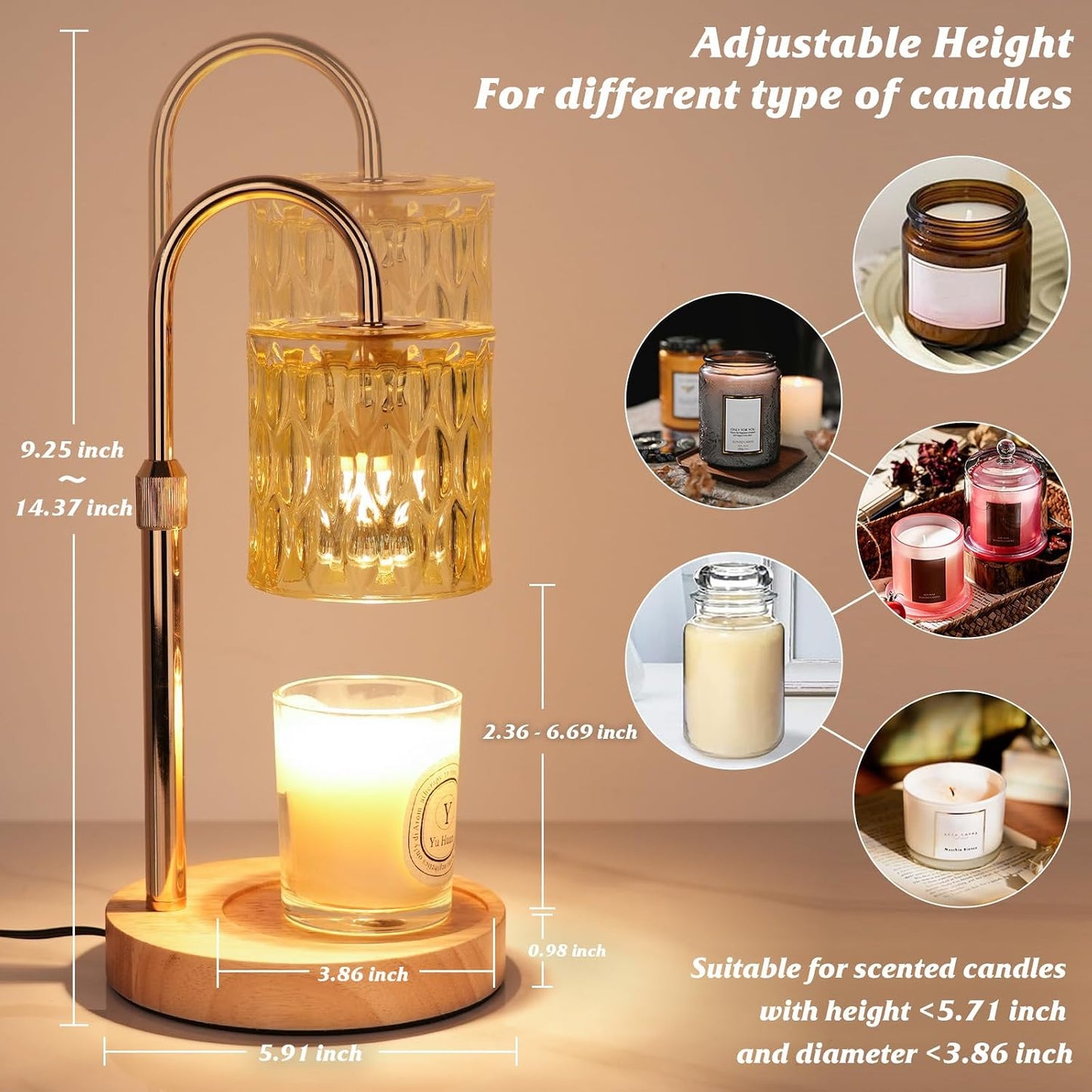 HAIDOLIANG Blue Candle Warmer Lamp with Timer and Dimmer | Height and Brightness Adjustable,Glass Electric Wax Warmer with 2 Bulbs for Women Gifts, Home Decor for Scented Jar Candles