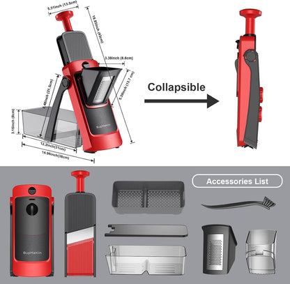 SupMaKin Safe Mandoline Slicer Plus for Kitchen Adjustable Vegetable Slicer | 0.1-8mm, Cut Resistant Stainless Steel Blades,Potato Fry Cutter, Onion Chopper, Detachable,Foldable Dishwasher Safe, Gifts