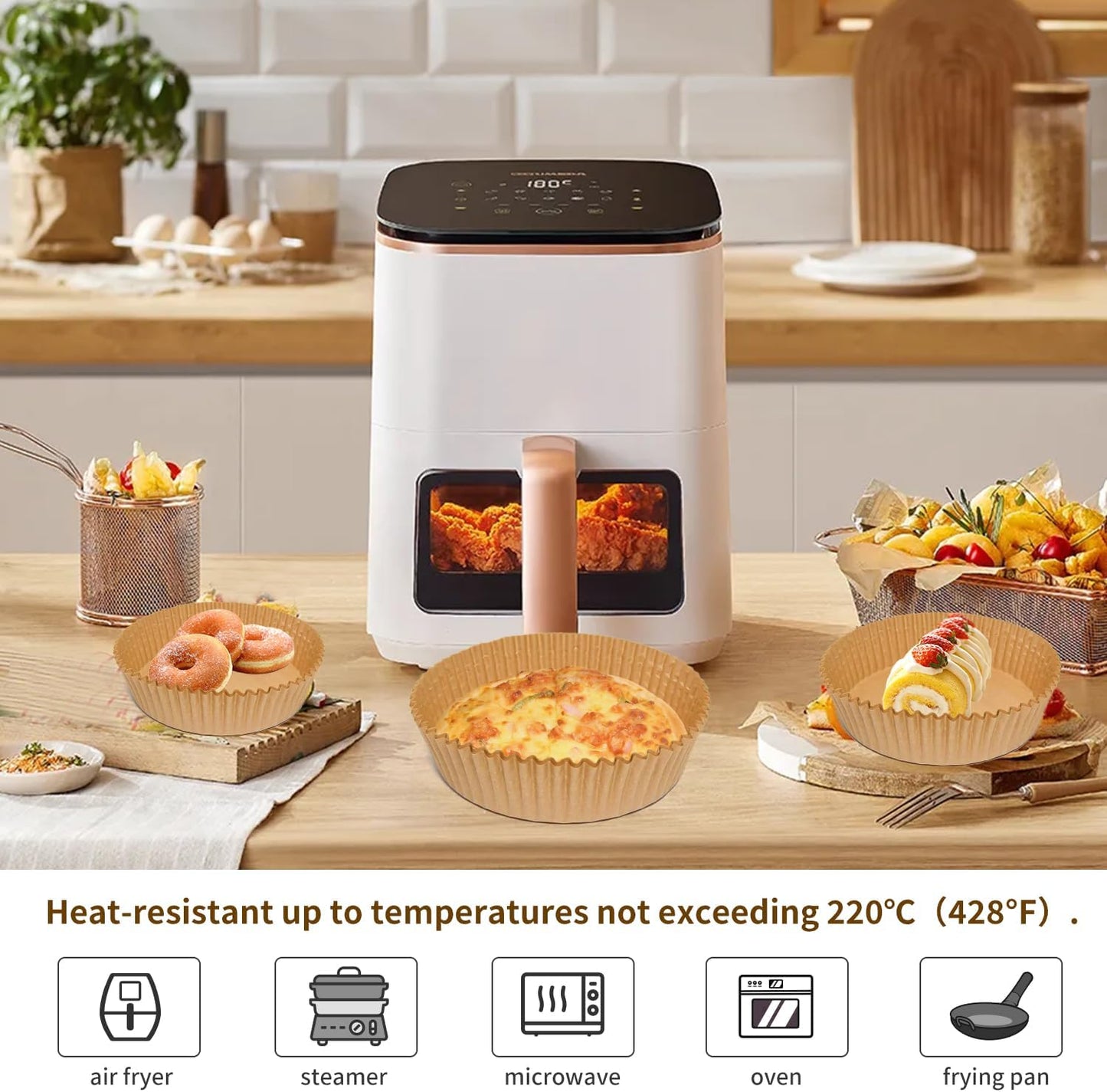 Air Fryer Liners Disposable Paper,100Pcs Airfryer Paper Liners,Non Stick Parchment Paper Liners,Food Grade Air Fryer Accessories for Microwave Oven Steamer 6.3inch Round