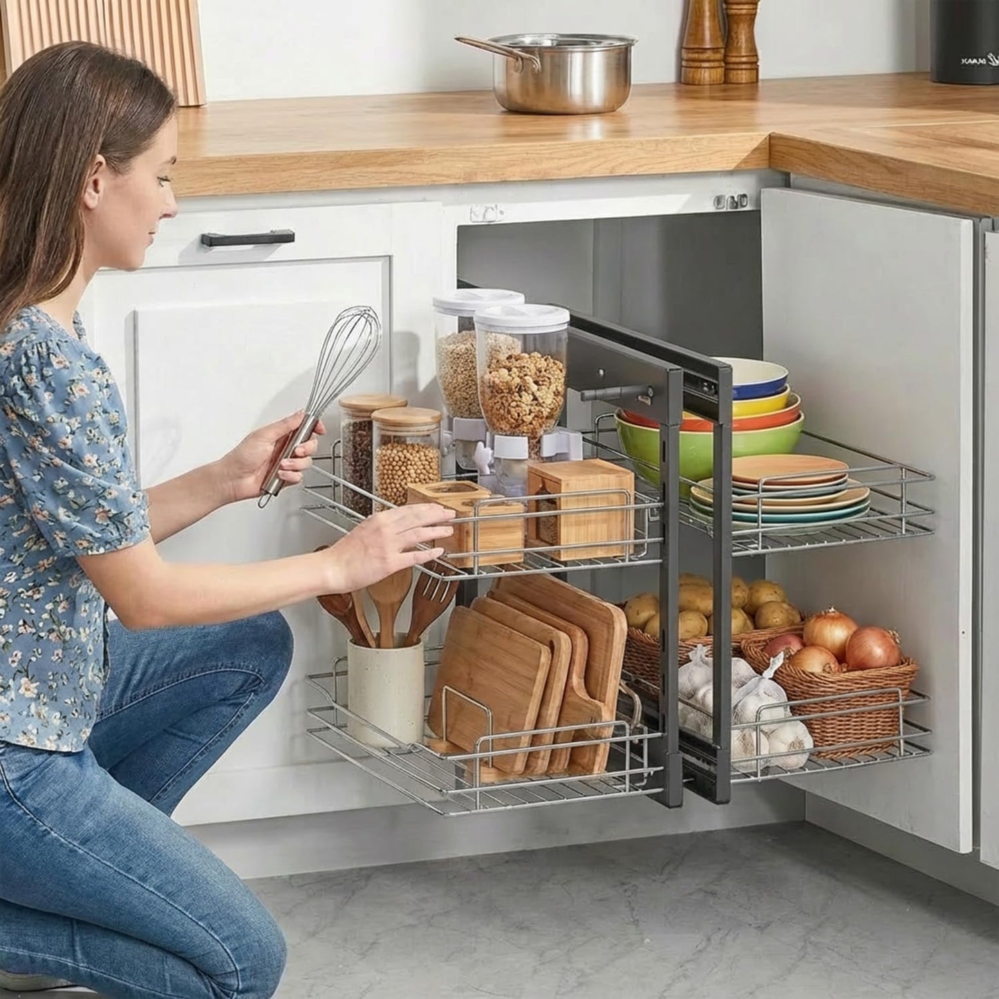 Blind Corner Cabinet Pull Out Organizer, Soft Close Swing Right Pull Out Cabinet Organizer 36inch, Corner Cabinet Lazy Susan for Corner Cabinet Blind Shelf, 2 Tiers Tray, Adjustable Height