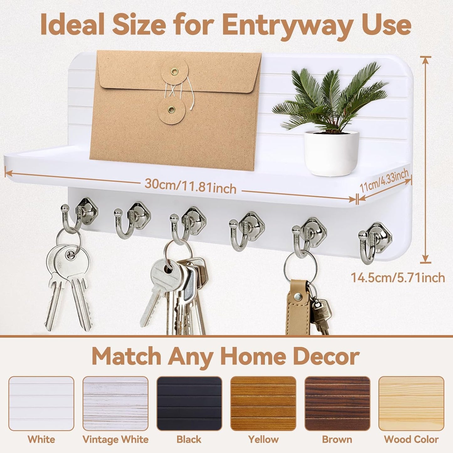 Key Holder for Wall, Mail Organizer Wall Mount with 6 Hooks Wooden Hanging Key Rack for Home Decor, Hallway, Entryway (Yellow)