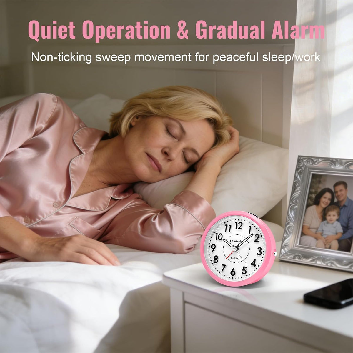 Lamisola 4 Inch Alarm Clock for Bedrooms, Small Analog Desk Clock, Black